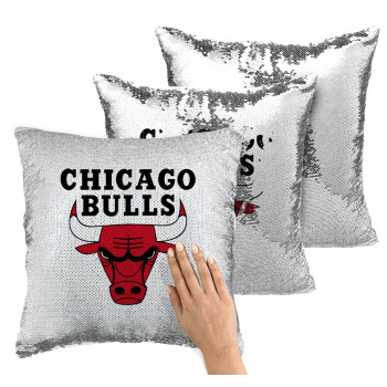 Chicago Bulls, Μαξιλάρι καναπέ Μαγικό Ασημένιο με πούλιες 40x40cm περιέχεται το γέμισμα