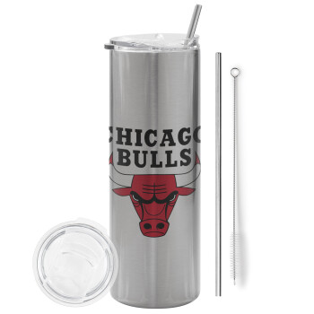 Chicago Bulls, Eco friendly ποτήρι θερμό Ασημένιο (tumbler) από ανοξείδωτο ατσάλι 600ml, με μεταλλικό καλαμάκι & βούρτσα καθαρισμού