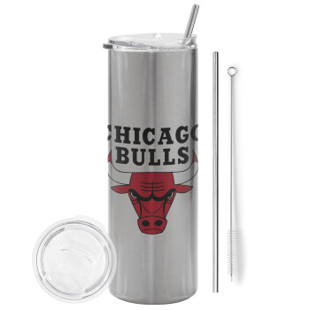 Chicago Bulls, Tumbler ποτήρι θερμό Ασημένιο από ανοξείδωτο ατσάλι 600ml, με μεταλλικό καλαμάκι & βούρτσα καθαρισμού