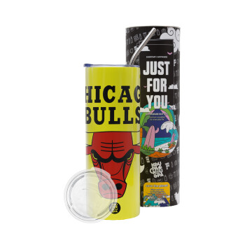 Chicago Bulls, Neon Yellow Travel Tumbler, with metal straw (Stainless steel 304 Food grade, BPA free, 600ml)