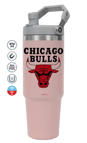Chicago Bulls — ΡΟΖ Travel Tumbler Θερμός με χερούλι και καλαμάκι 890ml