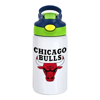 Chicago Bulls, Children's hot water bottle, stainless steel, with safety straw, green, blue (350ml)