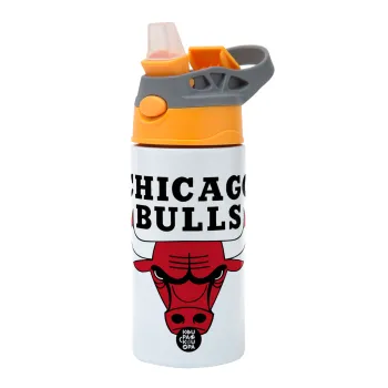 Chicago Bulls, Children's hot water bottle, stainless steel, with safety straw, Orange/Grey (360ml) BPA-FREE
