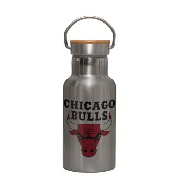 Chicago Bulls, Μεταλλικό παγούρι θερμός (Stainless steel) Ασημένιο με ξύλινο καπακι (bamboo), διπλού τοιχώματος, 350ml