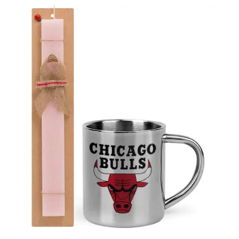 Chicago Bulls, Easter Set, metallic thermal cup (300ml) & aromatic flat Easter candle (30cm) (PINK)