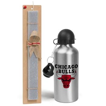 Chicago Bulls, Πασχαλινή Λαμπάδα με παγούρι μεταλλικό Ασημένιο αλουμινίου (500ml) & κερί αρωματικό πλακέ (30cm) (ΓΚΡΙ)
