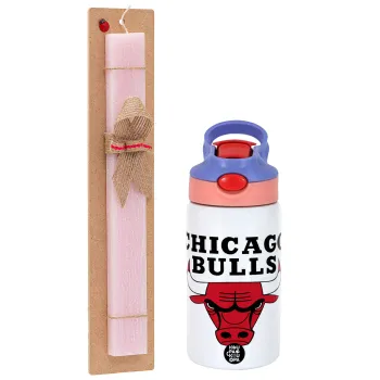 Chicago Bulls, Easter Set, Children's thermal stainless steel water bottle with safety straw, pink/purple (350ml) & Easter scented flat candle (30cm) (PINK)
