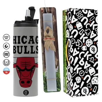 Chicago Bulls, Easter candle with Grey Tumbler Thermo 600ml & aromatic flat candle (30cm) (GREY)