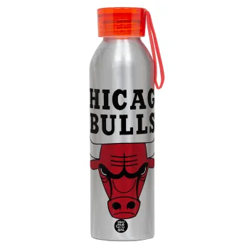 Chicago Bulls, Αλουμινένιο Αθλητικό Μπουκάλι 650ml – Ασημί με Κόκκινο Καπάκι και Λουράκι Σιλικόνης