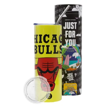 Chicago Bulls, Neon Yellow Travel Tumbler, with metal straw (Stainless steel 304 Food grade, BPA free, 600ml)