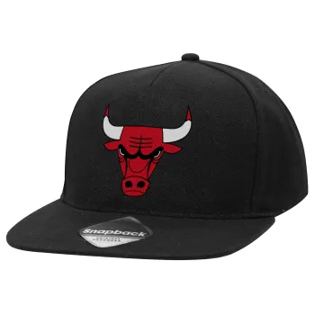 Chicago Bulls, Καπέλο Ενηλίκων Flat Snapback Μαύρο, (100% ΒΑΜΒΑΚΕΡΟ TWILL, ΕΝΗΛΙΚΩΝ, UNISEX, ONE SIZE)