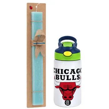 Chicago Bulls, Πασχαλινή Λαμπάδα με Παιδικό παγούρι θερμό, ανοξείδωτο, με καλαμάκι ασφαλείας, πράσινο/μπλε (350ml) & κερί αρωματικό πλακέ (30cm) (ΤΙΡΚΟΥΑΖ)