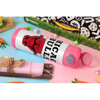 Chicago Bulls, Πασχαλινή Λαμπάδα με Παιδικό παγούρι θερμό, ανοξείδωτο, με καλαμάκι ασφαλείας, ΡΟΖ (500ml)