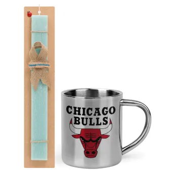 Chicago Bulls, Easter Set, metallic thermal cup (300ml) & aromatic flat Easter candle (30cm) (TURQUOISE)