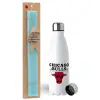 Easter Set, metallic stainless steel water bottle (750ml) & aromatic flat Easter candle (30cm) (TURQUOISE)