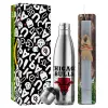 Easter Set, metallic stainless thermos flask (500ml) & scented flat Easter candle (30cm) (GRAY)