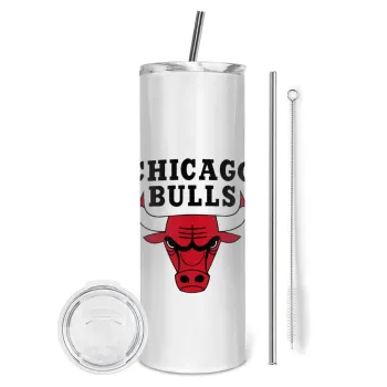 Chicago Bulls, Tumbler stainless steel 600ml, with metal straw & cleaning brush