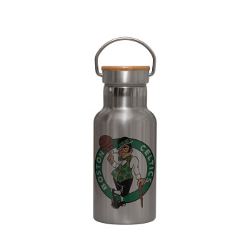 Boston Celtics, Μεταλλικό παγούρι θερμός (Stainless steel) Ασημένιο με ξύλινο καπακι (bamboo), διπλού τοιχώματος, 350ml