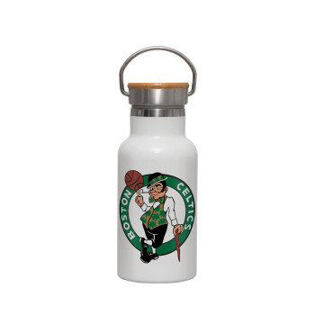 Boston Celtics, Μεταλλικό παγούρι θερμός (Stainless steel) Λευκό με ξύλινο καπακι (bamboo), διπλού τοιχώματος, 350ml