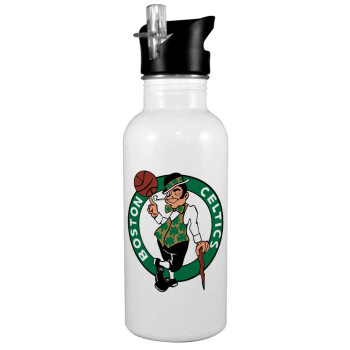 Boston Celtics, White water bottle with straw, stainless steel 600ml