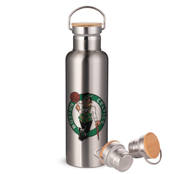 Boston Celtics, Stainless steel Silver with wooden lid (bamboo), double wall, 750ml