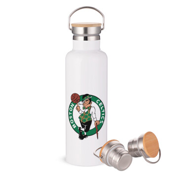 Boston Celtics, Μεταλλικό παγούρι θερμός (Stainless steel) Λευκό με ξύλινο καπακι (bamboo), διπλού τοιχώματος, 750ml