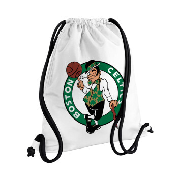 Boston Celtics, Τσάντα πλάτης πουγκί GYMBAG λευκή, με τσέπη (40x48cm) & χονδρά κορδόνια