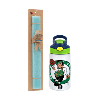 Boston Celtics, Easter Set, Children's thermal stainless steel bottle with safety straw, green/blue (350ml) & aromatic flat Easter candle (30cm) (TURQUOISE)