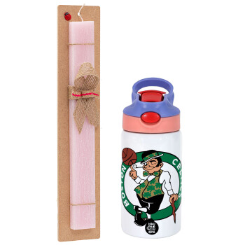 Boston Celtics, Πασχαλινό Σετ, Παιδικό παγούρι θερμό, ανοξείδωτο, με καλαμάκι ασφαλείας, ροζ/μωβ (350ml) & πασχαλινή λαμπάδα αρωματική πλακέ (30cm) (ΡΟΖ)