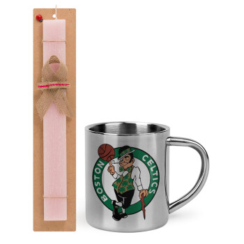 Boston Celtics, Πασχαλινό Σετ, μεταλλική κούπα θερμό (300ml) & πασχαλινή λαμπάδα αρωματική πλακέ (30cm) (ΡΟΖ)
