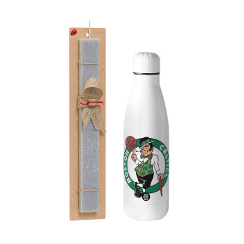 Boston Celtics, Easter Set, metallic stainless thermos bottle (500ml) & scented flat Easter candle (30cm) (GRAY)