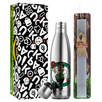 Boston Celtics, Easter Set, metallic stainless thermos flask (500ml) & scented flat Easter candle (30cm) (GRAY)