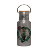 Stainless steel metallic thermos flask, silver with a bamboo lid, double-walled, 350ml.