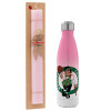 Easter Set, Metallic pink/white (Stainless steel) thermos, double-walled, 500ml & aromatic flat Easter candle (30cm) (PINK)