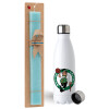 Easter Set, metallic stainless steel water bottle (750ml) & aromatic flat Easter candle (30cm) (TURQUOISE)