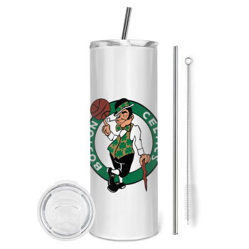 Boston Celtics, Eco friendly ποτήρι θερμό (tumbler) από ανοξείδωτο ατσάλι 600ml, με μεταλλικό καλαμάκι & βούρτσα καθαρισμού