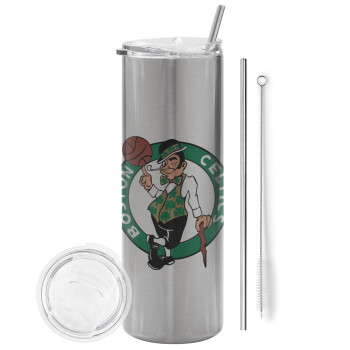 Boston Celtics, Eco friendly ποτήρι θερμό Ασημένιο (tumbler) από ανοξείδωτο ατσάλι 600ml, με μεταλλικό καλαμάκι & βούρτσα καθαρισμού