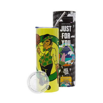 Boston Celtics, Neon Yellow Travel Tumbler, with metal straw (Stainless steel 304 Food grade, BPA free, 600ml)