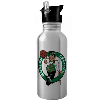 Boston Celtics, Water bottle Silver with straw, stainless steel 600ml