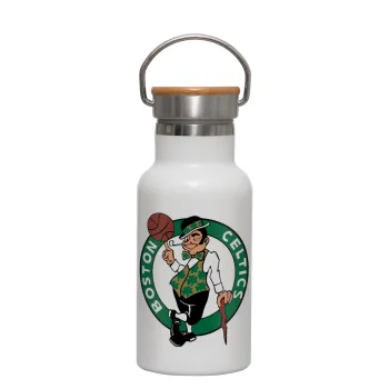Boston Celtics, Μεταλλικό παγούρι θερμός (Stainless steel) Λευκό με ξύλινο καπακι (bamboo), διπλού τοιχώματος, 350ml