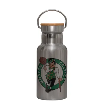 Boston Celtics, Stainless steel metallic thermos flask, silver with a bamboo lid, double-walled, 350ml.