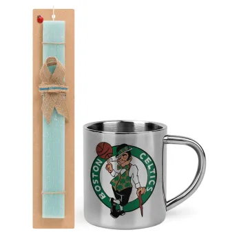 Boston Celtics, Easter Set, metallic thermal cup (300ml) & aromatic flat Easter candle (30cm) (TURQUOISE)