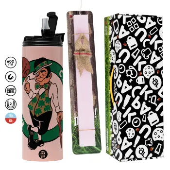 Boston Celtics, Πασχαλινή Λαμπάδα με  ΡΟΖ Travel Tumbler θερμό (600ml, BPA free) & κερί αρωματικό πλακέ (30cm) (ΡΟΖ)
