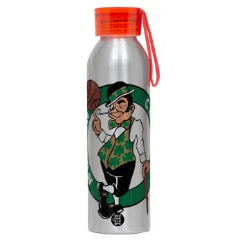 Boston Celtics, Αλουμινένιο Αθλητικό Μπουκάλι 650ml – Ασημί με Κόκκινο Καπάκι και Λουράκι Σιλικόνης