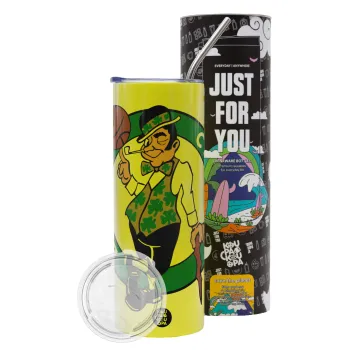 Boston Celtics, Neon Yellow Travel Tumbler θερμό, μεταλλικό καλαμάκι(Ανωξείδωτο 304 Food grade, BPA free, 600ml)