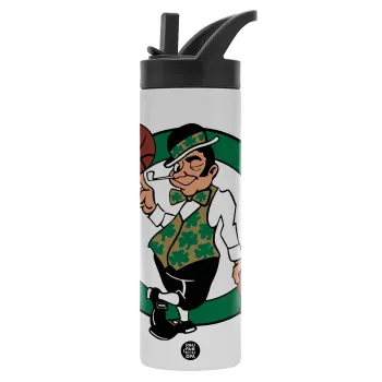 Boston Celtics, Metallic thermos bottle with straw & handle, stainless steel (Stainless steel 304), double-walled, 600ml.