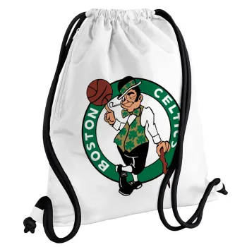 Boston Celtics, Τσάντα πλάτης πουγκί GYMBAG λευκή, με τσέπη (40x48cm) & χονδρά κορδόνια