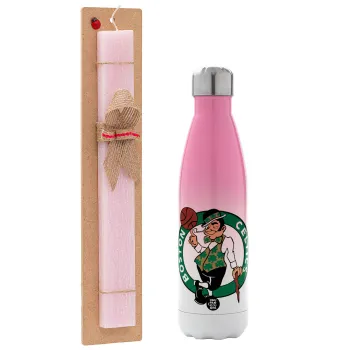 Boston Celtics, Easter Set, Metallic pink/white (Stainless steel) thermos, double-walled, 500ml & aromatic flat Easter candle (30cm) (PINK)