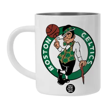 Boston Celtics, Λευκή Ανοξείδωτη Μεταλλική Κούπα 450ml - Διπλού Τοιχώματος 