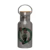 Stainless steel metallic thermos flask, silver with a bamboo lid, double-walled, 350ml.